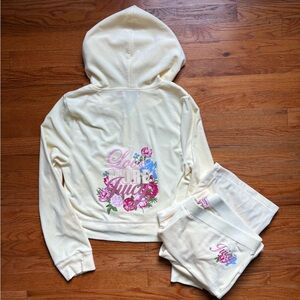 Juicy Couture Velour Floral Soft Yellow Tracksuit Set Zip Up Hoodie & Pants XL
